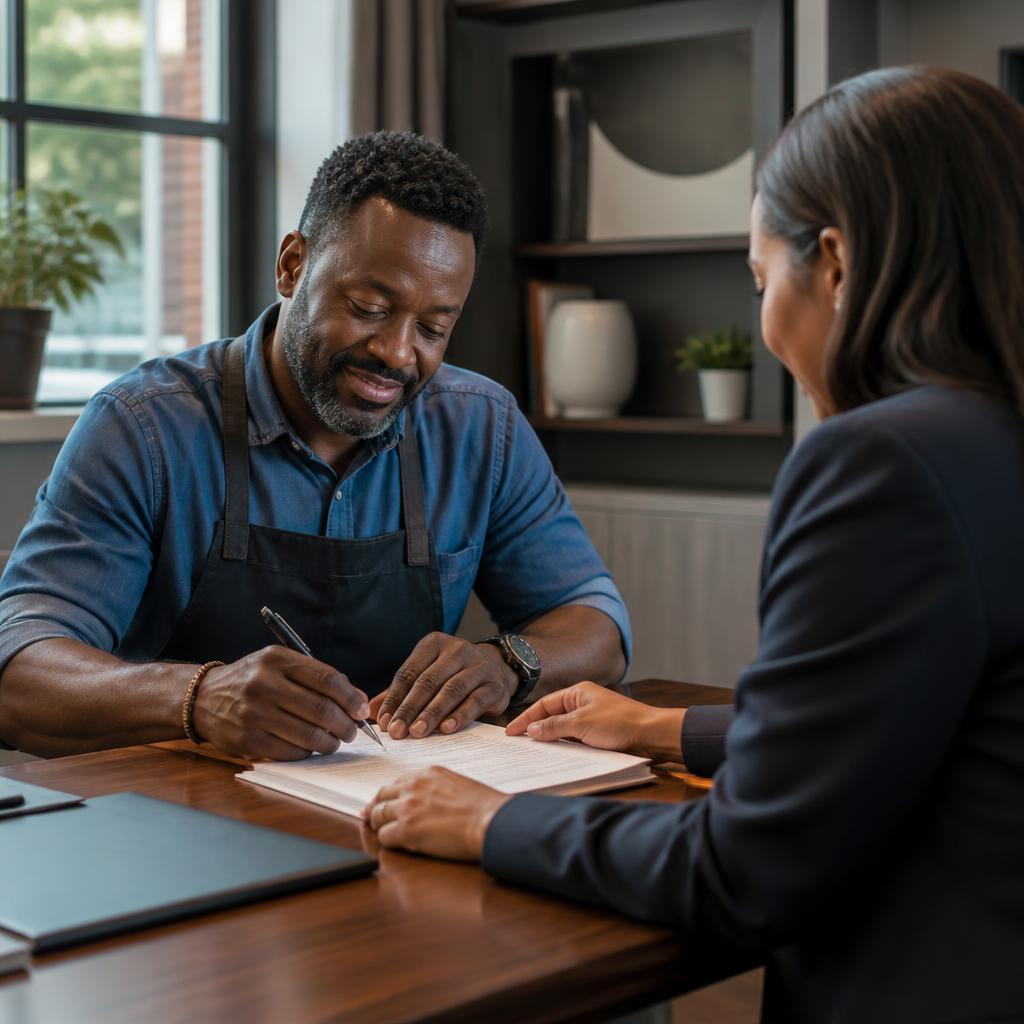 Restaurant owner speaking with a loan officer while signing small business loan documents