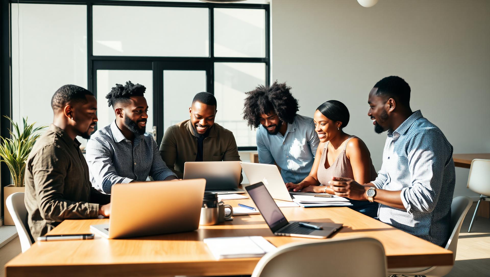 African-American entrepreneurs collaborating together in a coworking room