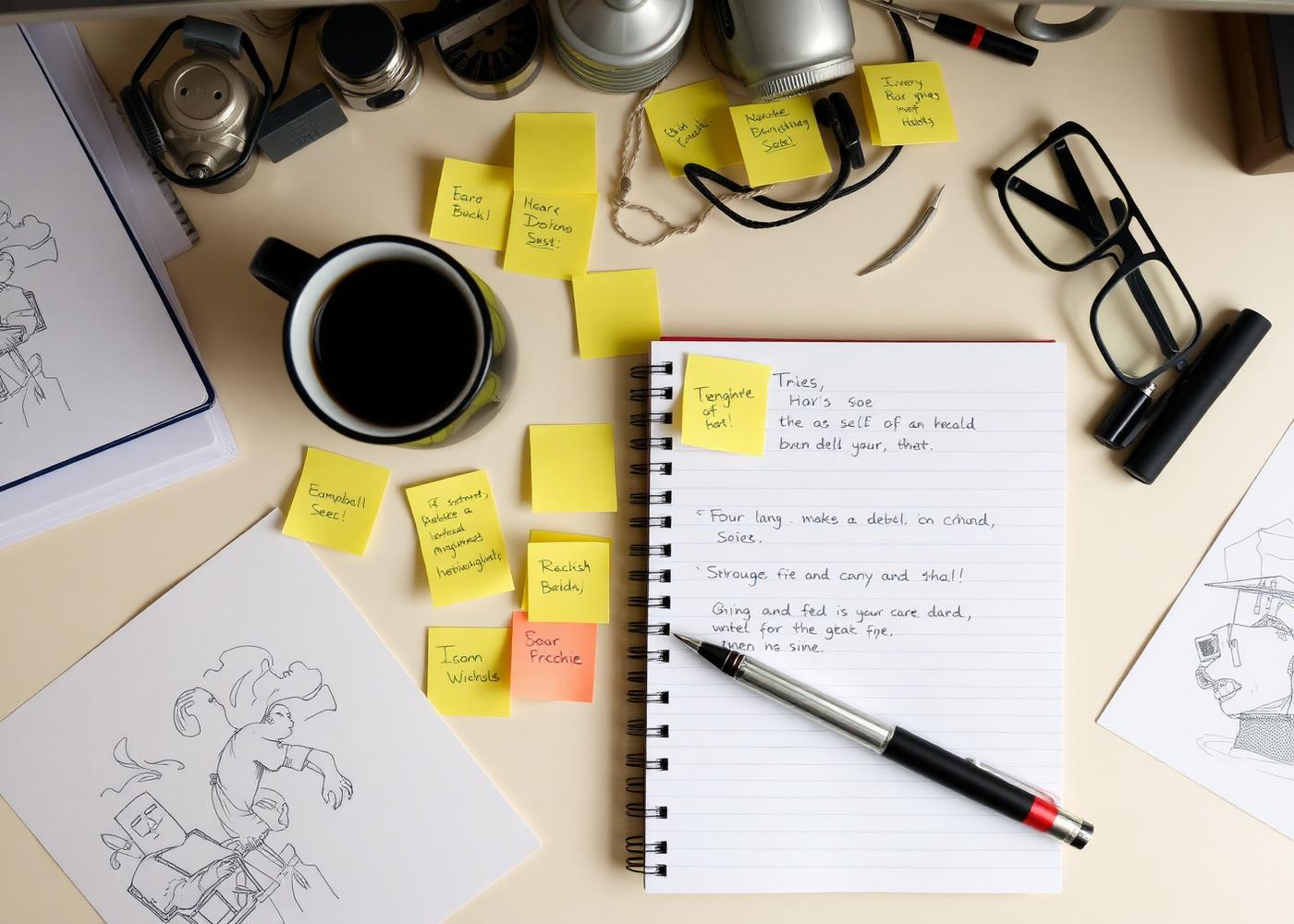 Workspace flat lay of notes and ideas